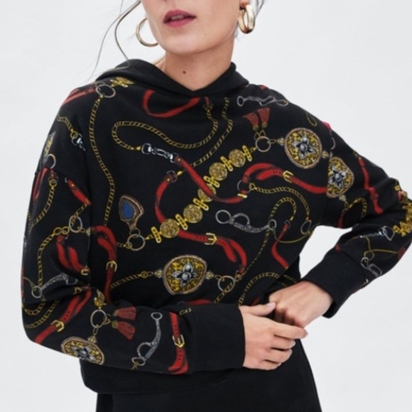 Zara Sweaters - Zara Black Hoodie with Red and Gold Chains 20 PTP - 20 Length - EUC